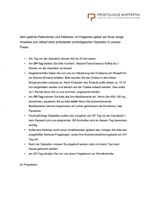 Informationsbogen Ablauf ambulante proktologische Operation – Proktologie Wuppertal
